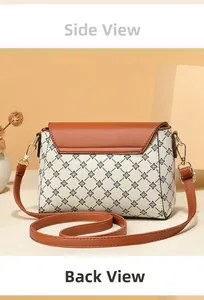 Detailed back and side view of a vintage crossbody bag with clover print and gold hardware