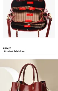 Détails du sac cabas rouge brillant montrant l'intérieur compartimenté et dorures