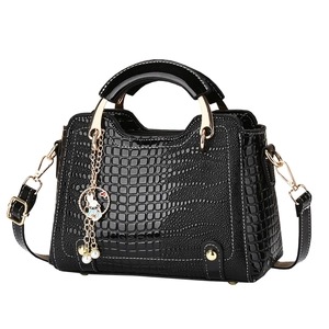 Elegant black crocodile pattern tote bag for women with a cute bunny pearl pendant