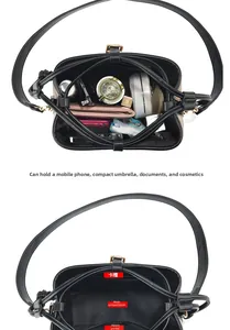 Vue détaillée de l'intérieur du sac seau montrant les poches et le rangement