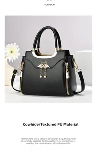 Detail of black leather handbag with a golden swan buckle and side zipper accents