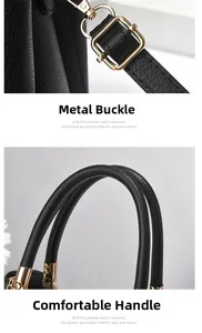 Detail of black lychee grain leather handbag featuring gold metal buckles and round handles