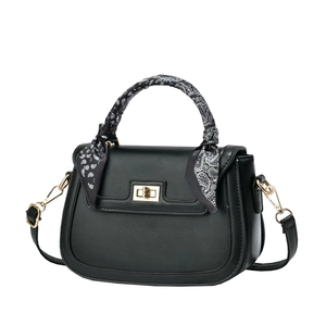 Elegant black semicircular crossbody bag with gold twist lock and paisley scarf wrap