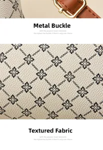 Detail of golden metal buckle and textured leather strap on vintage floral shoulder bag