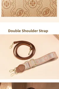 Double shoulder straps featuring brown faux leather and vintage patterned wide fabric webbing