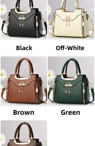 Collage of four stylish versatile handbags in black, cream, yellow and green tones