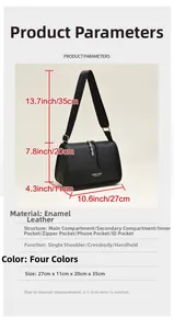 Detailed chart showing black patent leather handbag dimensions 27x11x20 cm and interior structure