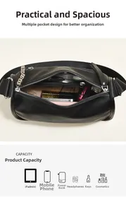 Black pebbled leather crossbody bag interior showing main compartment and multiple pockets