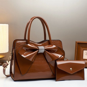 Dark brown faux crocodile leather handbag set with rhinestone bow decoration for women