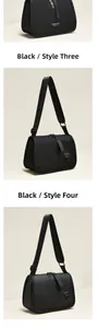 Detail view of black nylon and pebble leather crossbody bags with brand tags