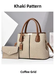 Macro detail of khaki two-piece tote and pouch set with geometric textured patterns