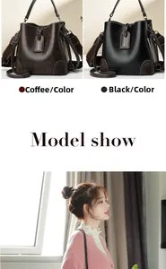 Detailed comparison of vintage leather bucket bags in black and brown with adjustable straps