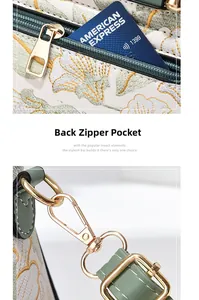 Détail de la broderie florale et poche zippée arrière avec ferrures dorées