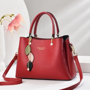 Women Handbag Litchi Grain PU Leather Shoulder Bag Crossbody Tote With Leaf Artificial Pearl Pendant Casual Commuter For Ladies