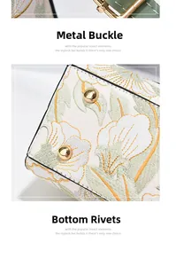 Détails de broderie florale, fermoir doré et rivets de protection sur le sac à main