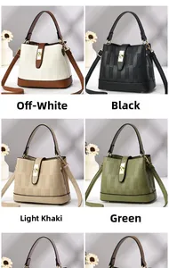 Detailed grid view of stylish crossbody bucket bags in beige, black, khaki, and green colors