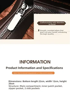 Detailed view of brown PU bucket bag showing zipper hardware and 22x12x20cm size specs