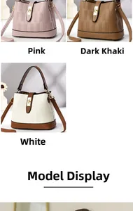 Detailed views of bucket bags in pink, deep khaki, and white leather with gold hardware
