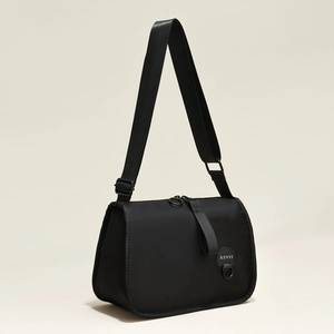 Fashionable black crossbody bag for women with adjustable wide shoulder strap and logo