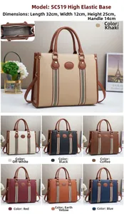 Detailed view of striped large capacity tote bag showing size specs and color options