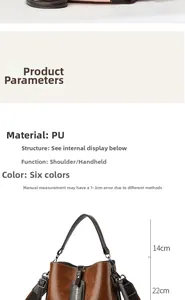 Brown vintage PU leather bucket bag dimensions and handle height specifications detail