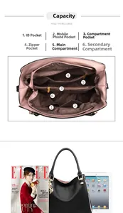 Detailed view of spacious interior pockets and large capacity of soft leather tote bag