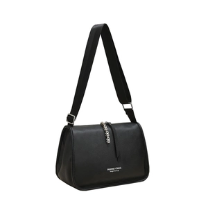 Black lychee leather crossbody bag for women with wide nylon strap and silver zipper