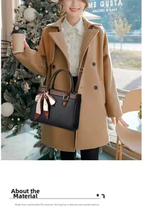 Close-up of litchi grain PU leather tote bag with stylish decorative silk scarf