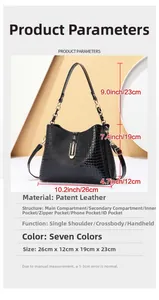Größentabelle für Lackleder-Beuteltasche mit Details zu 26 cm Breite und 19 cm Höhe