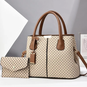 Women PU Leather Handbag And Pouch Lattice Checkered Geometric Print Large Capacity Shoulder Crossbody Bag