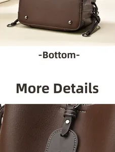Detailed view of brown lychee leather bucket bag bottom with metal studs and contrast stitching
