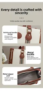 Detail of reinforced brown handles and polished gold hardware on white tote bag