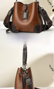 Detailed front and side views of a vintage brown leather bucket bag with a stylish strap