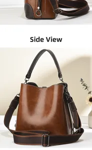 Detail view of a vintage brown bucket bag showing side and front angles with fabric strap