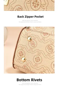 Detail view of smooth back zipper pocket and golden bottom studs on patterned handbag