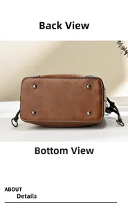 Detail of dark brown leather handbag base featuring four protective metal feet and stitching