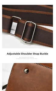 Detail of striped woven shoulder strap with adjustable gunmetal buckle on brown bag
