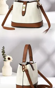 Front and side views of a cream and brown bucket bag with textured lychee leather details