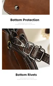 Close-up of bottom protective metal rivets and high-quality leather stitching on brown handbag