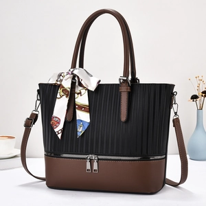 PU Leder Handtasche Kontrastfarben Patchwork Streifen Textur Große Kapazität Umhängetasche Mit Satinnschal Für Damen