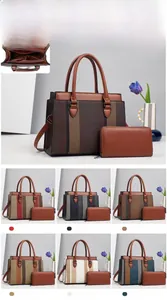 Detailed set of large PU leather handbag and matching long wallet in seven color options