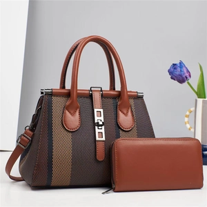 Chic tricolor striped tote bag and matching brown wallet set with metallic buckle detail
