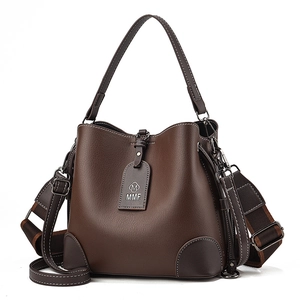 Fashion brown leather bucket bag with retro wide strap and large capacity for women