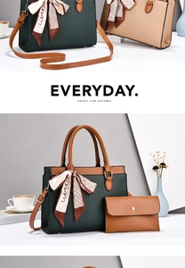 Litchi pattern tote bag set with contrasting leather handles and elegant silk scarf detail