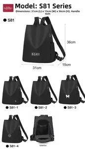 Detailed view of black nylon backpack S81 with 31x15x36cm dimensions and internal layout