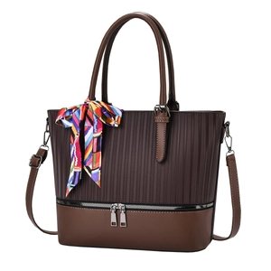 Sac fourre-tout marron bi-matière avec foulard en soie élégant et bandoulière amovible