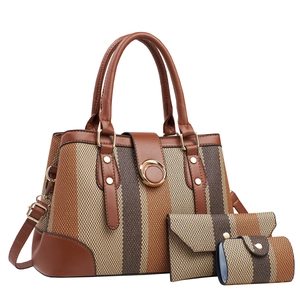 3-piece textured tote bag set with striped woven fabric and brown leather detailing