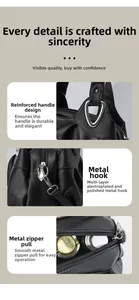 Détails de la poignée renforcée, garnitures argentées et fermeture éclair sur sac en cuir noir
