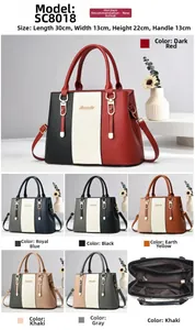 Detailed view of color-block striped handbags in six colors with 30x13x22cm size specs