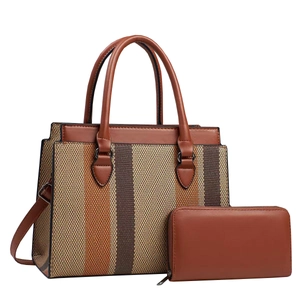 Women's autumn tote bag and wallet set with striped jacquard fabric and brown leather
